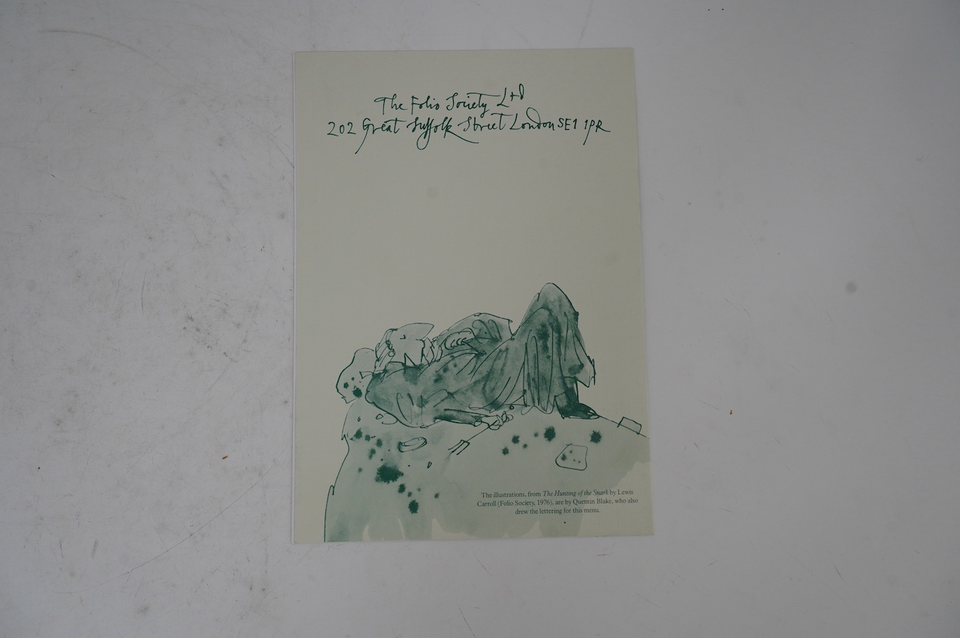 Quentin Blake illustrated menu, signed by Quentin Blake, produced for the Fourth Folio Literary Dinner and Debate at the Merchant Taylor’s’ Hall Thursday 4 February 1988, signed and dated by Blake. Condition - good